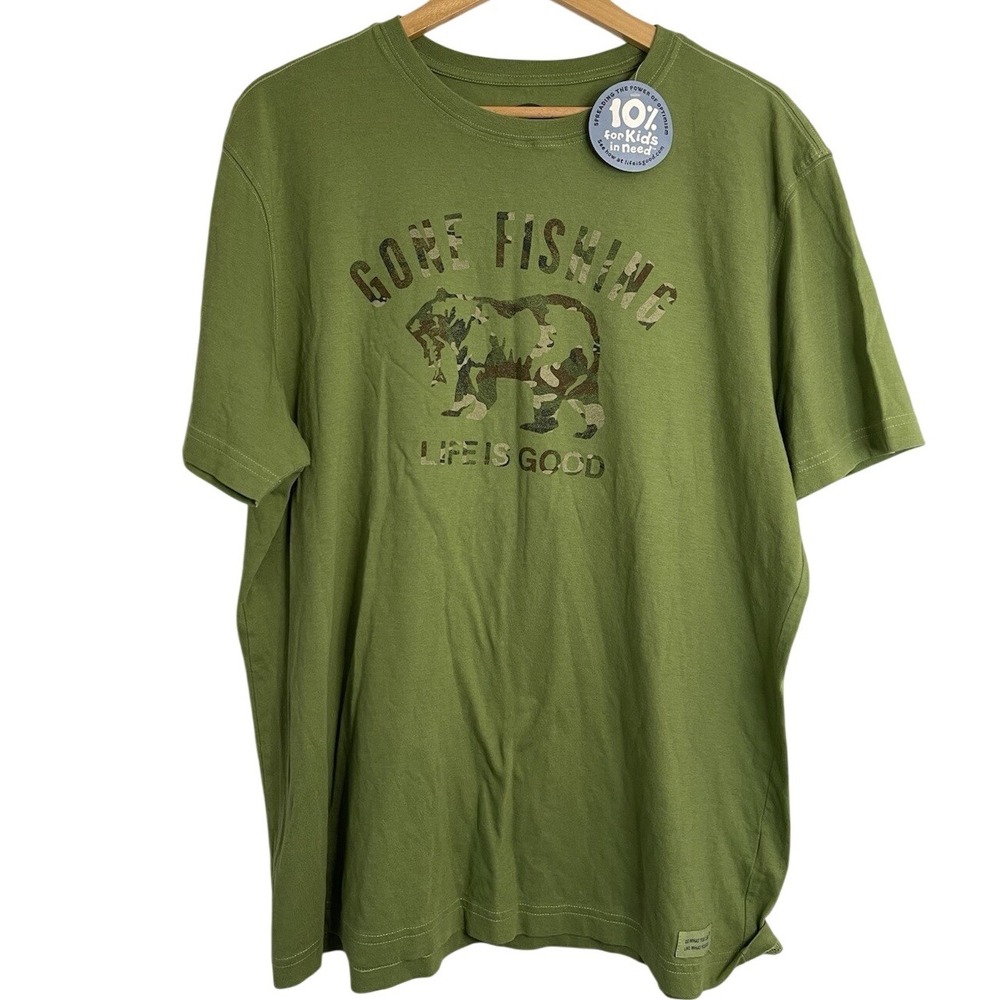 LIFE IS GOOD New Men's Green Camo Gone Fishing Shirt Large NWT Soft‎ Summer Tee